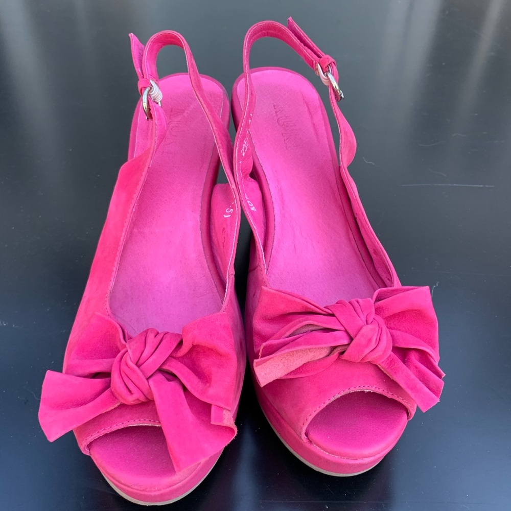 Bright pink suede slay back sandals 3” wedge